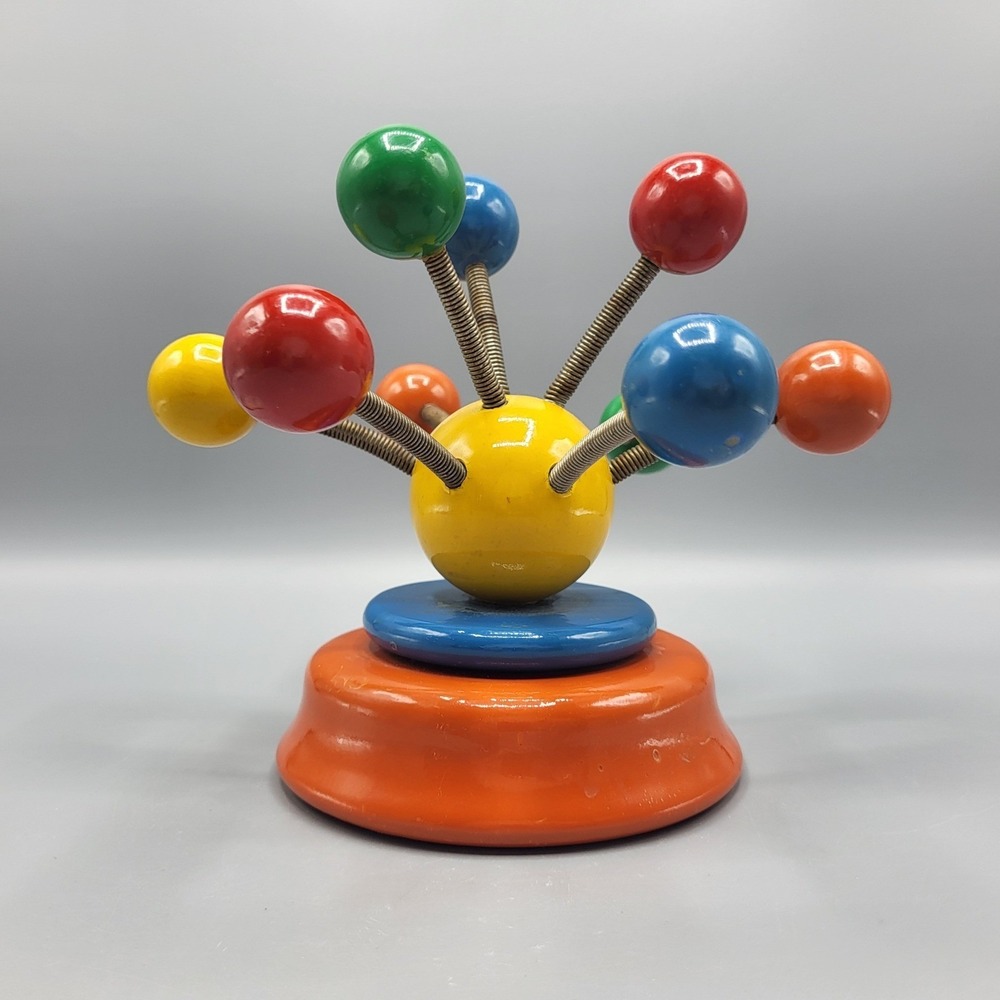 Vintage 80s Kouvalias Greek Music Box Toy Atomic Colored Balls on Springs Works
